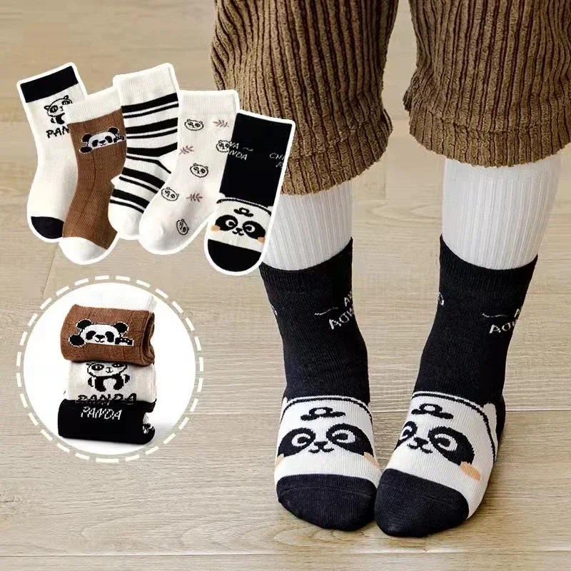 5 Pairs/lot Baby Boys Girls Cotton Socks Chinese Style Giant Cartoon Panda Patterned Knitted Socks Four Seasons Hosiery for Kids