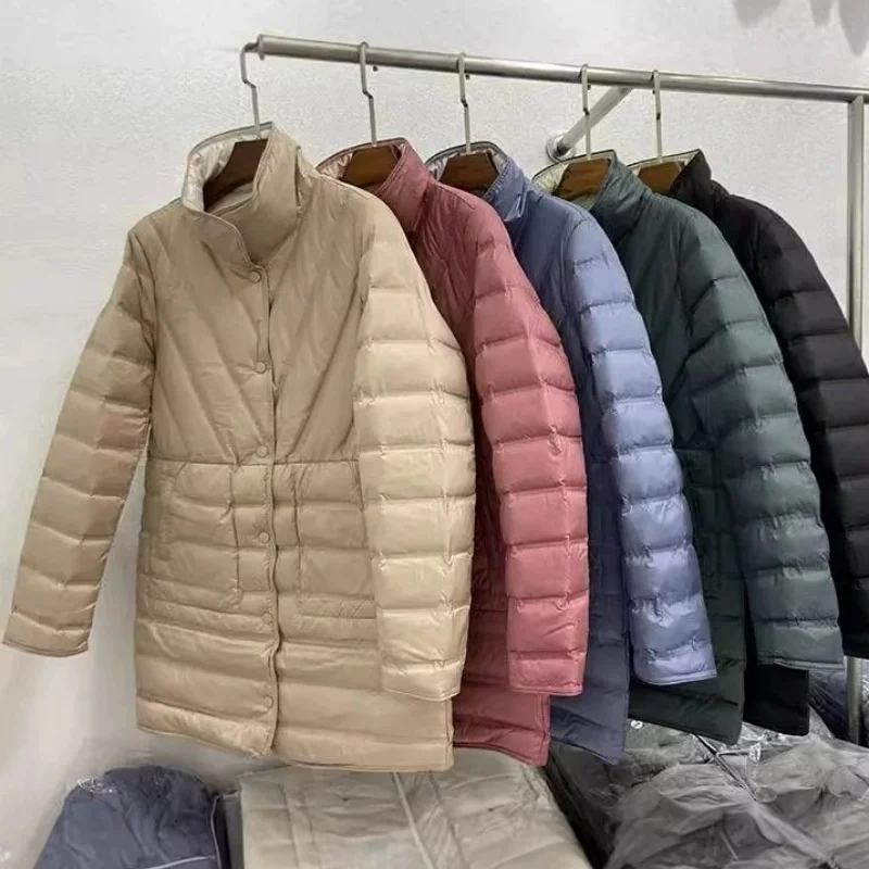 Two-Sided Winter Women Light Thin White Duck Down Coat Warm Single-breasted Midi Long Down Jacket Ladies Puffer Parkas Outwears