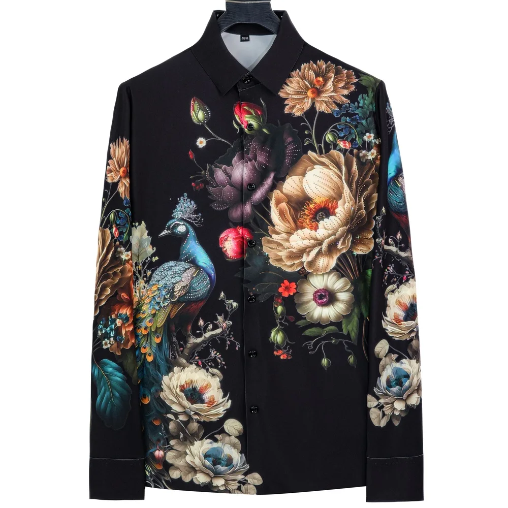 Luxury Peacock Rhinestone Floral Shirt Men Slim Fit Business Dress Shirt Casual Social Party Tuxedo Shirts Camisas Para Hombre