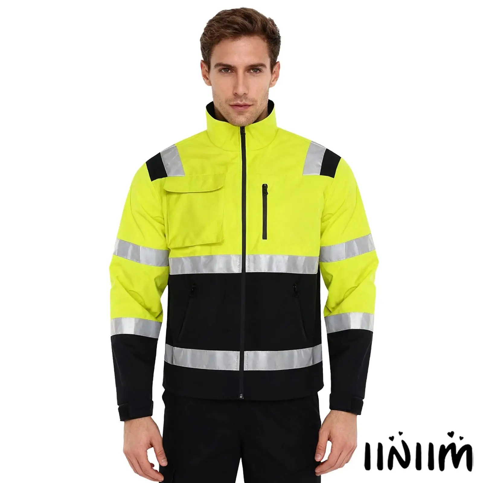 الرجال وضوح عالية عاكس قطاع سترة مقاومة للماء ملابس خارجية عمال الوقوف طوق كم طويل سستة معطف مع جيوب