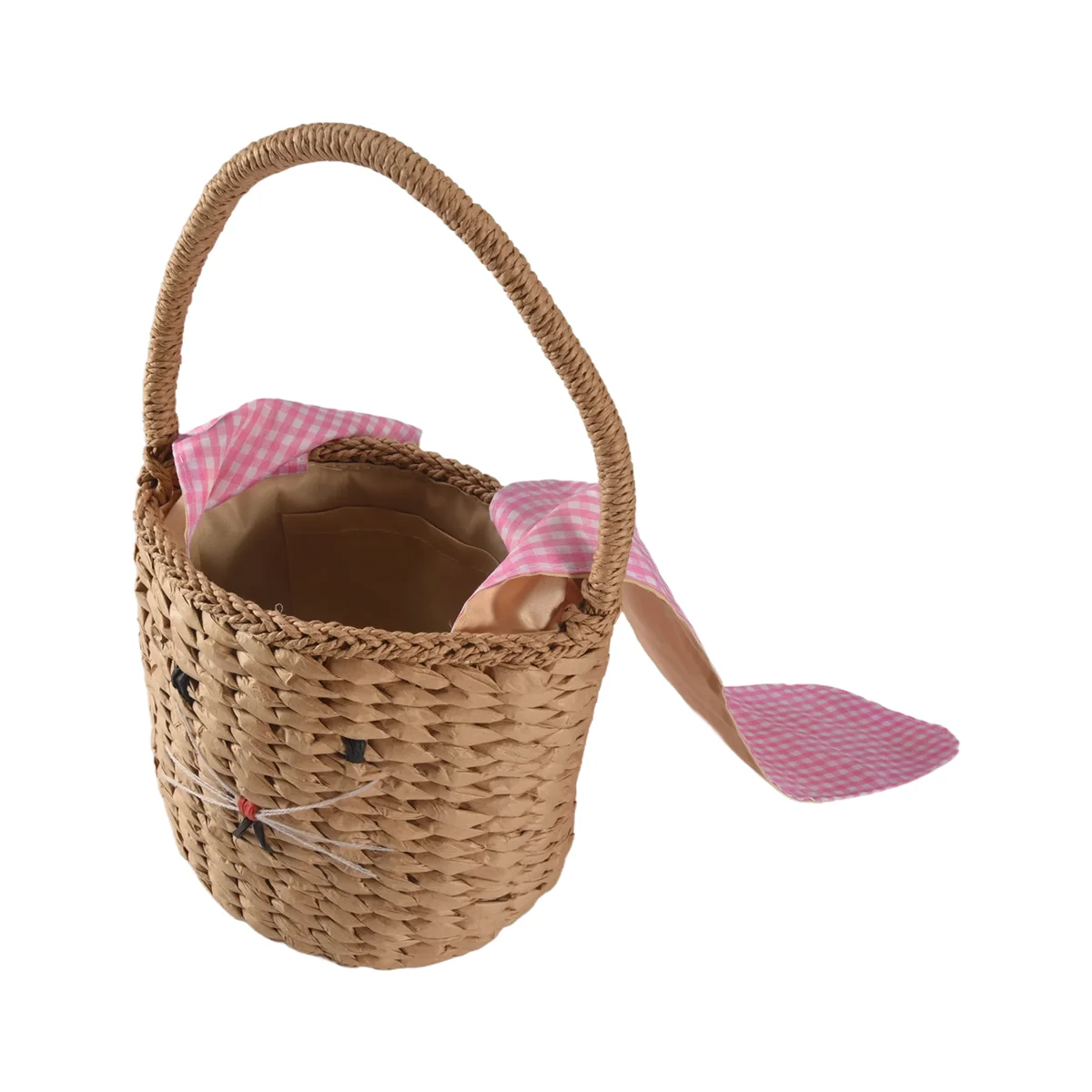

B18B Rattan Bucket Bag for Children's&Adults,Beach Straw Bag,Shoulder Messenger Basket Bag,Handbag with Bunny Ears