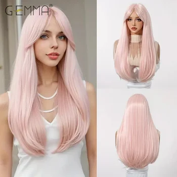 GEMMA Uzun Düz Açık Pembe Sentetik kahküllü peruk Kadınlar için Doğal Saç Renkli Cosplay Lolita Peruk Isıya Dayanıklı Fiber