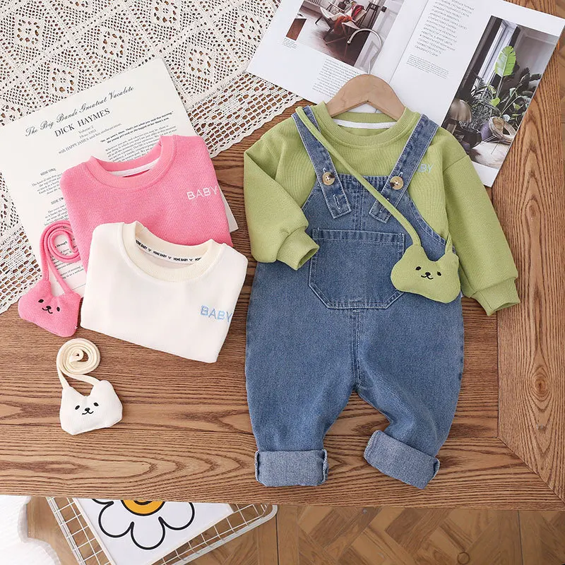 MILANCEL 3Pcs 2024 Autumn New Kids Clothing Set Brief Sweasthirts And Denim Overall With Bag Girls Hoodie Suit Boys Clothes Set