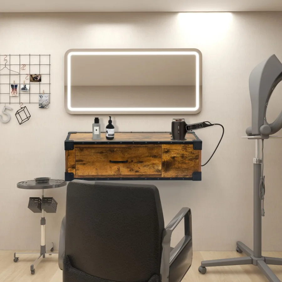 

WallMounted Wooden Salon Station; Beauty Styling Table; with 3 Holes for Hair Dryer; Curling Iron; Hair Straightener