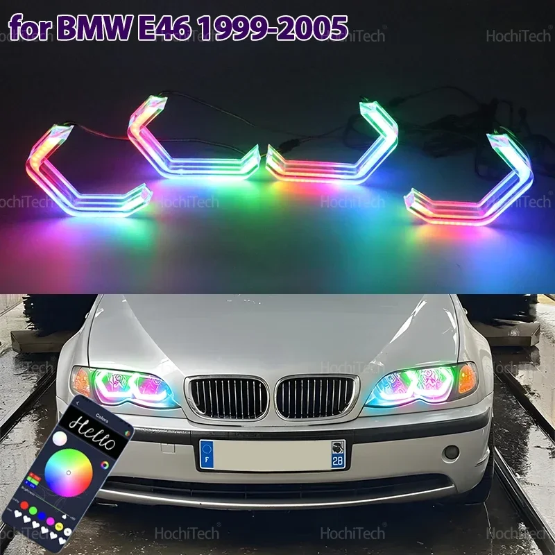 For BMW 3 Series E46 Sedan 1999-2005 M4 Style LED Angel Eyes Kit Ring Flashing RGB APP Control Headlight Lamps with Turn Signal