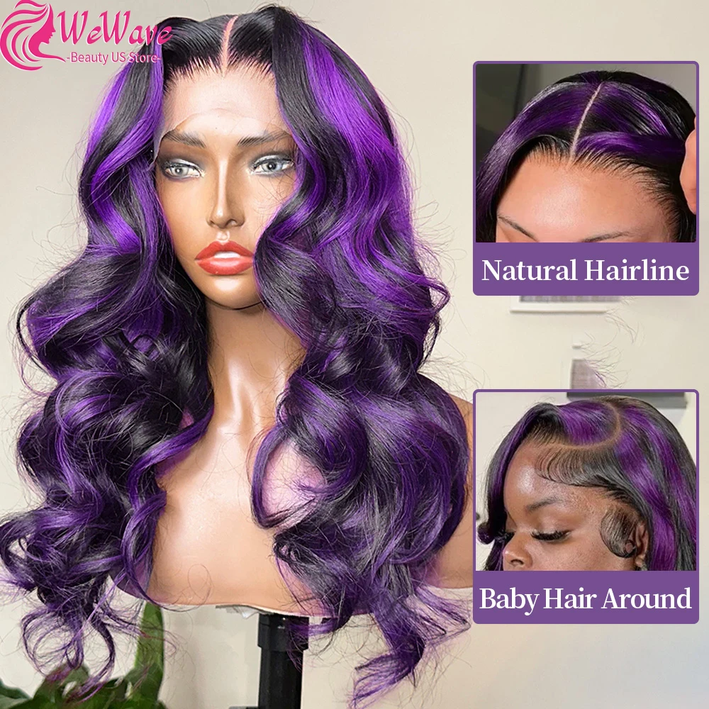 

Парик WeWave Body Wave Lace Front, черно-фиолетовый омбре с мелированием, HD-кружево 13x6, с предварительно выщипанными детскими волосами, бразильские волосы