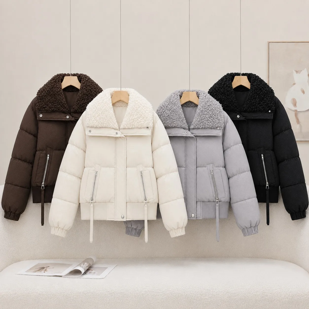 Women's Teddy Fleece Cropped Parkas Jacket with Big Collar Warm Sparkly Quilted Coat Elastic Hem Zipper Pocket Winter Outerwear