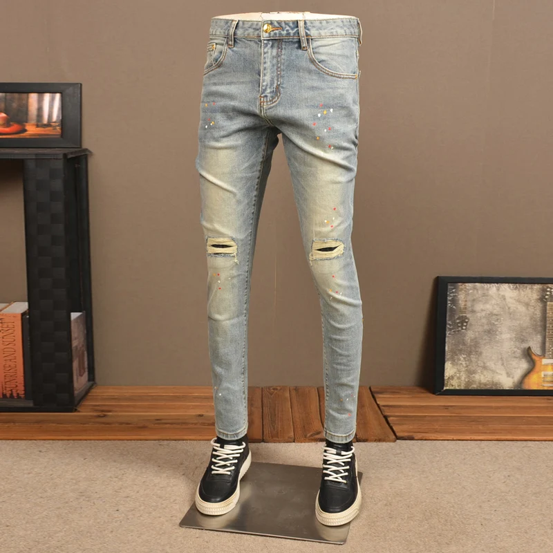 Streetwear Fashion Men Jeans Retro Blue Elastic Skinny Fit Ripped Jeans Men Painted Designer Trousers Vintage Denim Pants Hombre