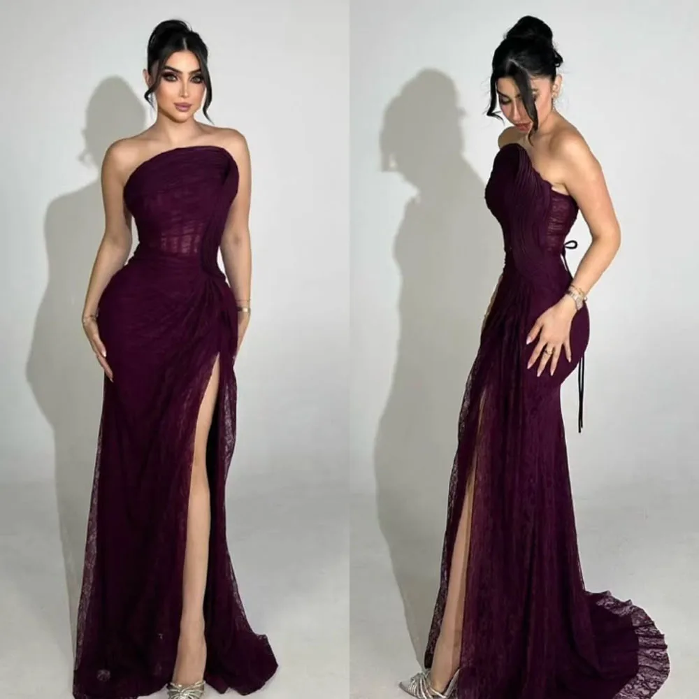 

Customized High Quality Strapless Sleeveless Floor Length Sweep Train High Fork A-line Tulle Evening Prom Dress Vestidos De Gala