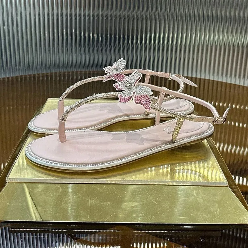 Flip Flop Bling Bling Butterfly Rhinestone Decor Women Pinch Toe Sandals Flats Sandalias Mujer Summer Seaside Vacation Shoes