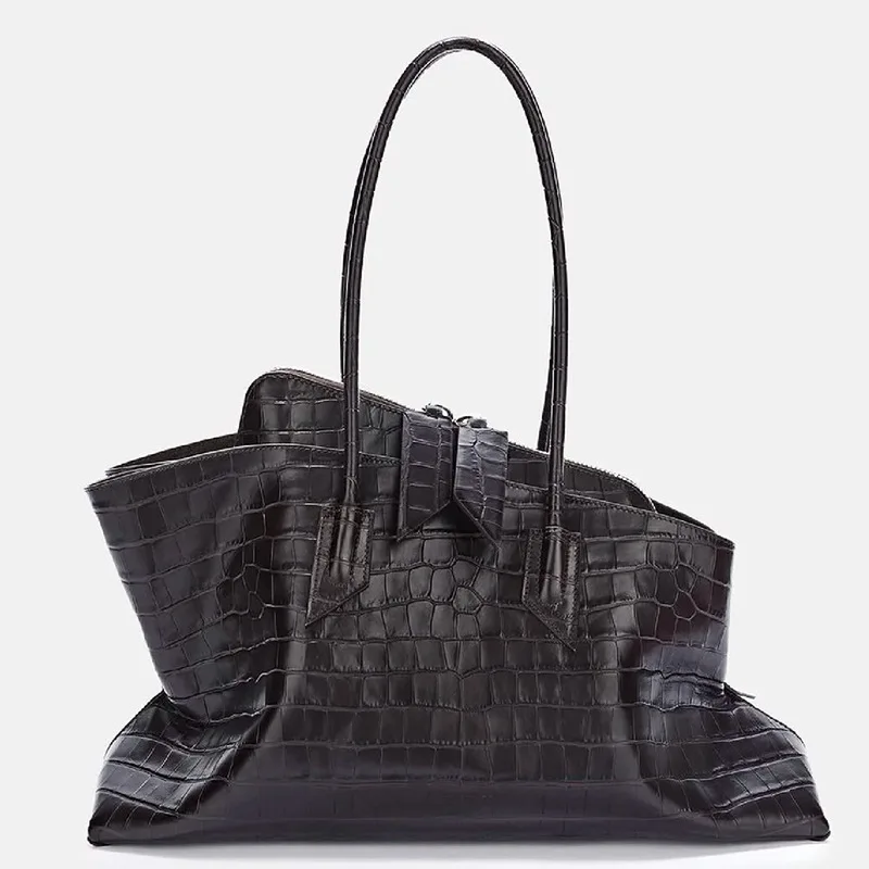 2025 Retro Crocodile Pattern Large Capacity Tote Bag Design Women's Pleated Leather Shoulder Bag Female Daily Commuter Bag