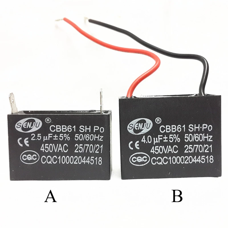 CBB61 Faixa Capô Ventilador Start Capacitor, 2 Plug-in, 1.2, 1.5, 1.8, 2, 2.5, 3, 4, 5, 6UF, 450V