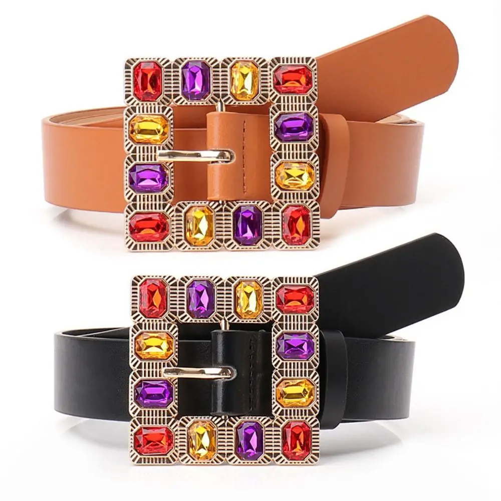 

Luxury Y2k Rhinestone Belt Colorful Square Buckle Women Waistband Waist Strap Korean Style PU Leather Belt Clothes Accessories
