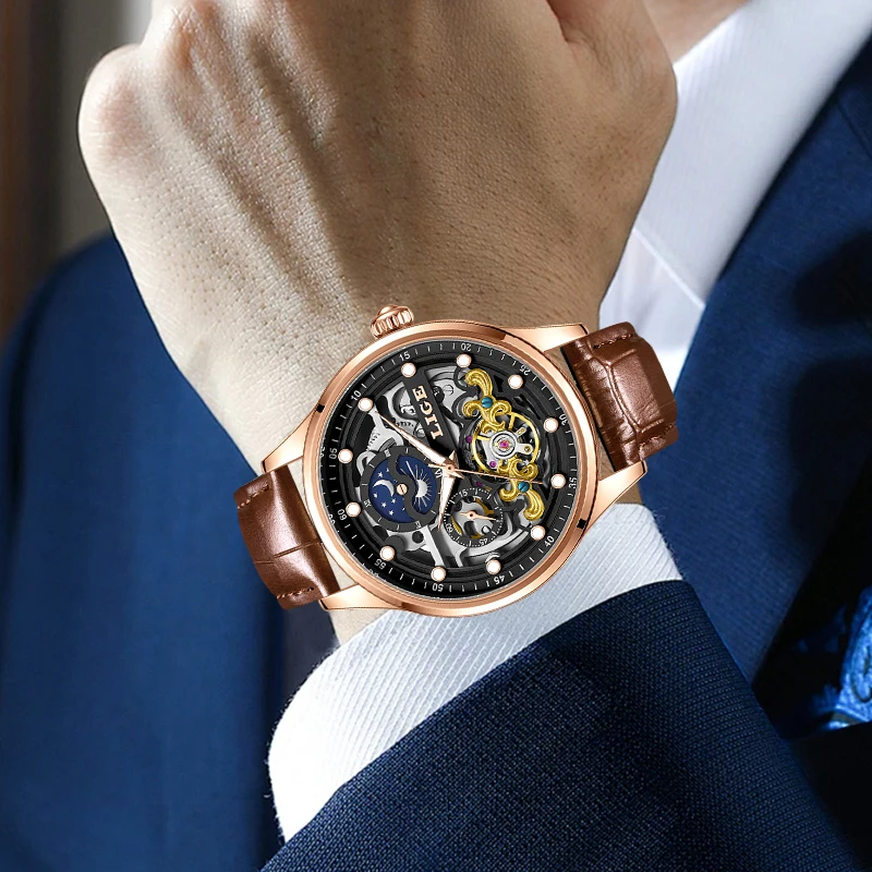 Men's Simple Dial Mechanical Watch with Leather Strap