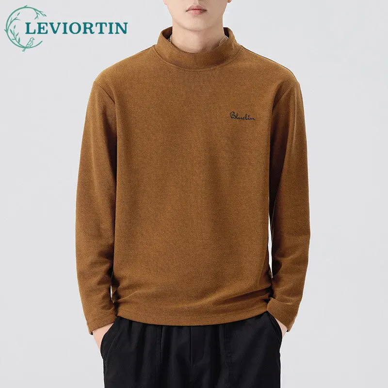 

2025 autumn and spring new semi high neck fashionable sportswear men's American retro trendy coffee color long sleeved T-shirt