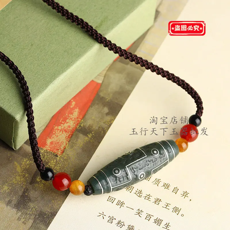 New Hetian nine-eye dzi bead pendant Xinjiang sapphire rubbing silver dzi bead pendant men's and women's pen