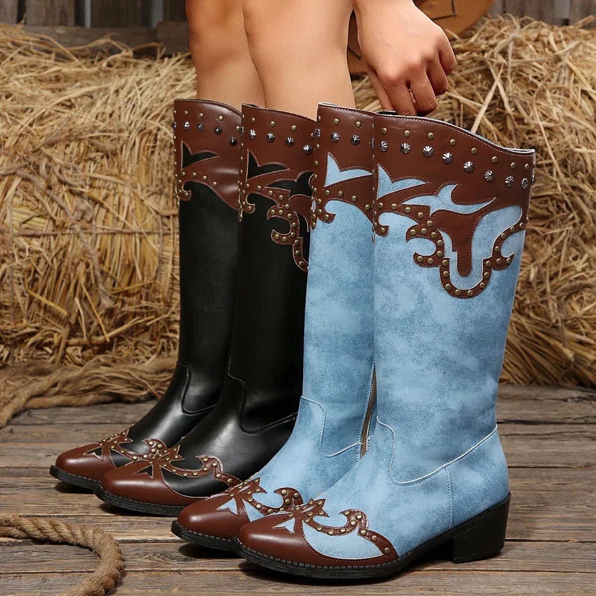 Vintage Rivet Belt Buckle Knee Boots Women's Pointed Toe Chunky Heel Trending Shoes Spring Autumn Western Cowboys Cowgirls Boots