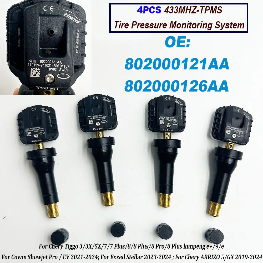 NEW 4PCS 802000121AA 802000126AA 433MHz TPMS Tire Pressure Monitoring Sensor For Chery Tiggo 3X / 8 Plus 2020-2024 High Quality