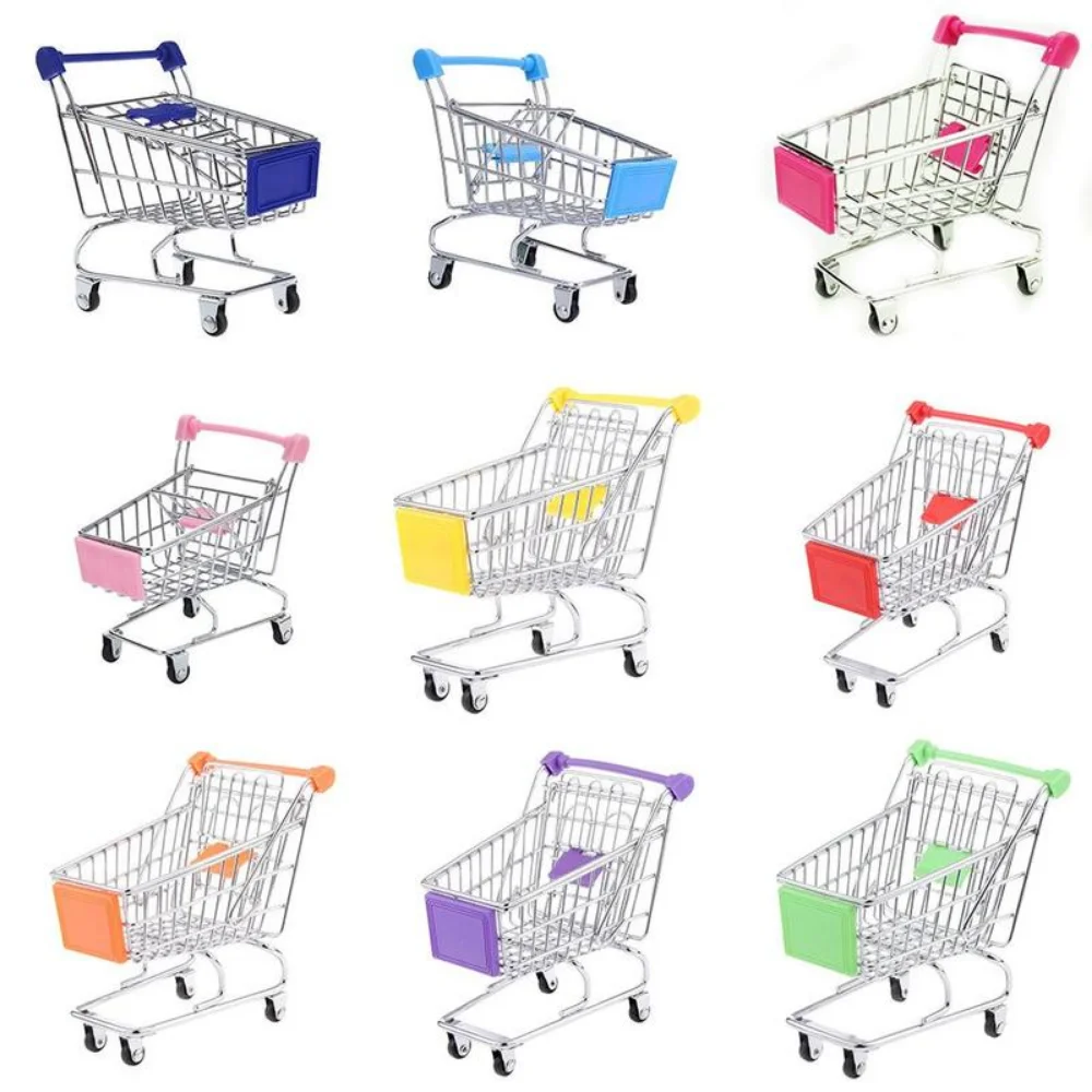 Mini Shopping Cart Kids Toys Simulation Supermarket Hand Trolleys Pretend Play Toy Kids Room Desktop Storage Basket Kids Toy