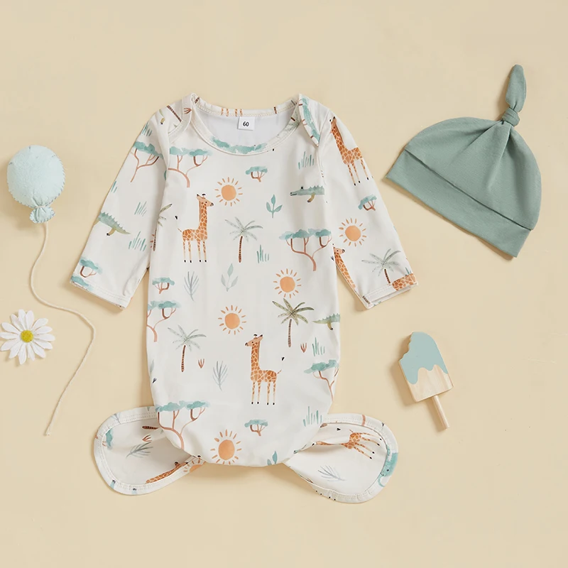 ถุงนอนเด็กทารกสัตว์พิมพ์แขนยาวถุงนอนพร้อมหมวกผูกปมชุด 2 ชิ้น