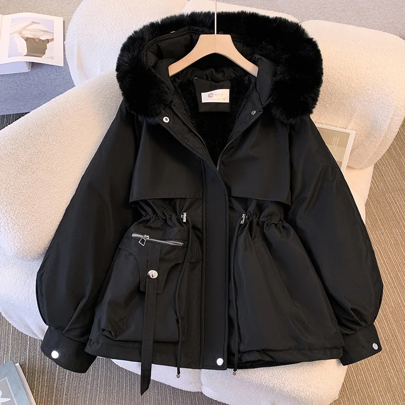 Korean Fleece Lined Fur Hood Down Jacket Women Winter Warm Drawstring Zipper Padded Parkas Casual Cotton Coats Puffer Outwears