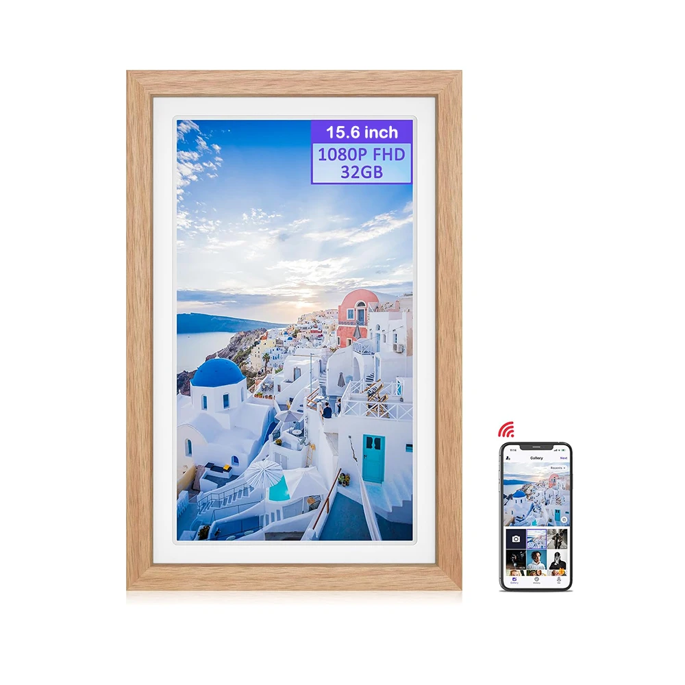 

WiFi Smart Digital Photo Frame 15.6 Inch With IPS HD Touch Screen Wood Easy Setup To Share Photos Or Videos Remotely Via App