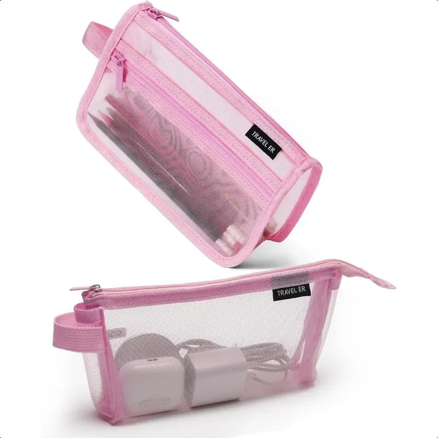 2Pack Grid Mesh Pencil Case with Handle and Zipper Double Layer Clear Pencil Pouch Travel Makeup Bag and Small Toiletry Bag for
