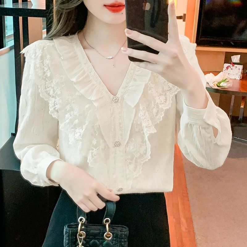 Fashion New Casual Long Sleeve V-Neck Women Blouse Lace Ruffles Chiffon Blouse Shirt Women Tops Blusas Mujer De Moda 2024 A599