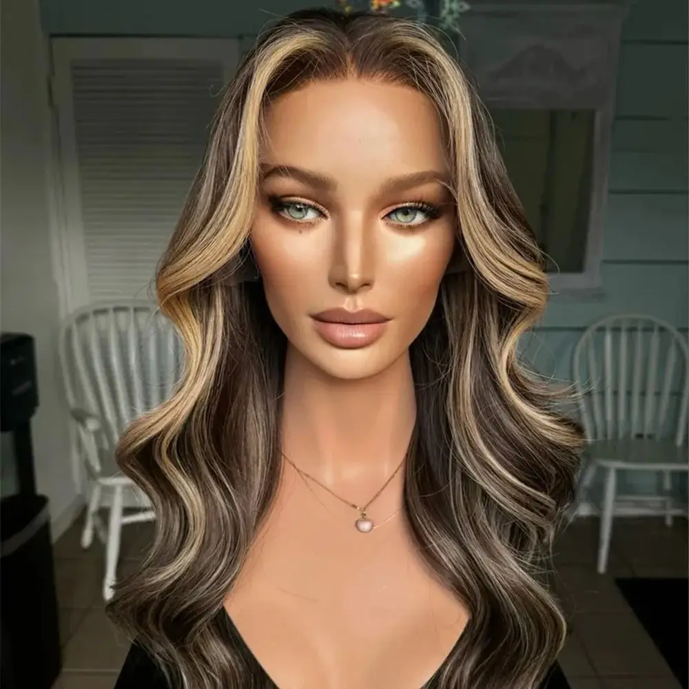 Brown Blonde Mix Color High Quality Synthetic Lace Wig Long Wavy Synthetic Wig with Highlights 24-inch Heat Resistant Fiber Hair