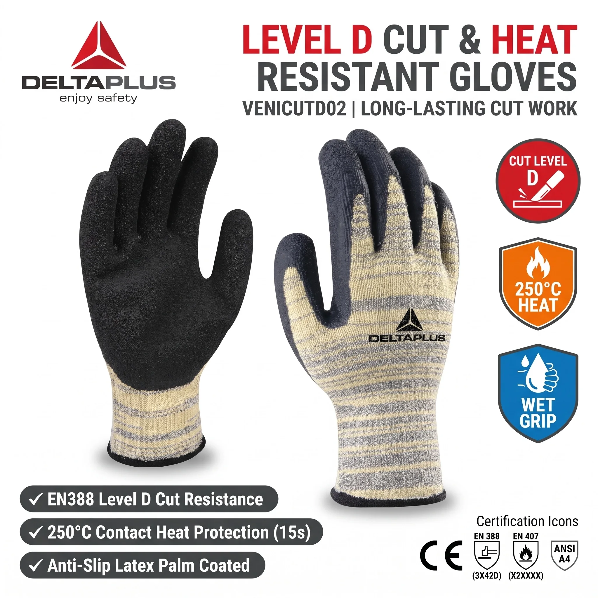 DELTAPLUS VENICUTD02 Level D Cut Resistant Gloves Latex Coated Heat Resistant Heavy Duty Work Gloves Safety Protective