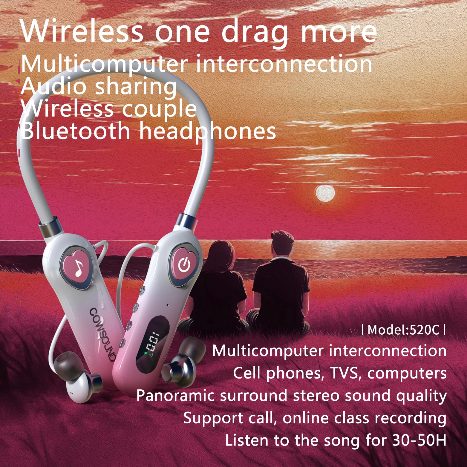 New Neck Band IPX5 Waterproof Noise cancelling Earphones Bluetooth 5.3 Ultra Long Endurance TWS Interconnected Couple Earphones