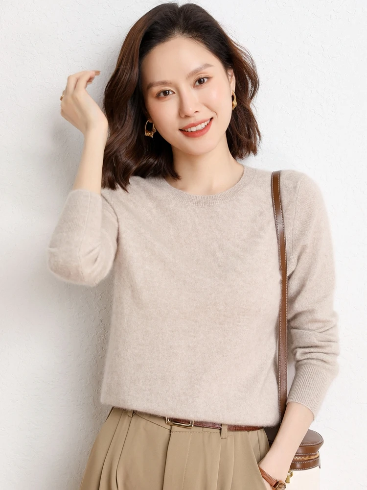 

Casual Simple 100% Cashmere Solid O-Neck Pullover Sweater Warm Soft Comfort Women's Elegant Autumn Winter Knitted Clothing Tops