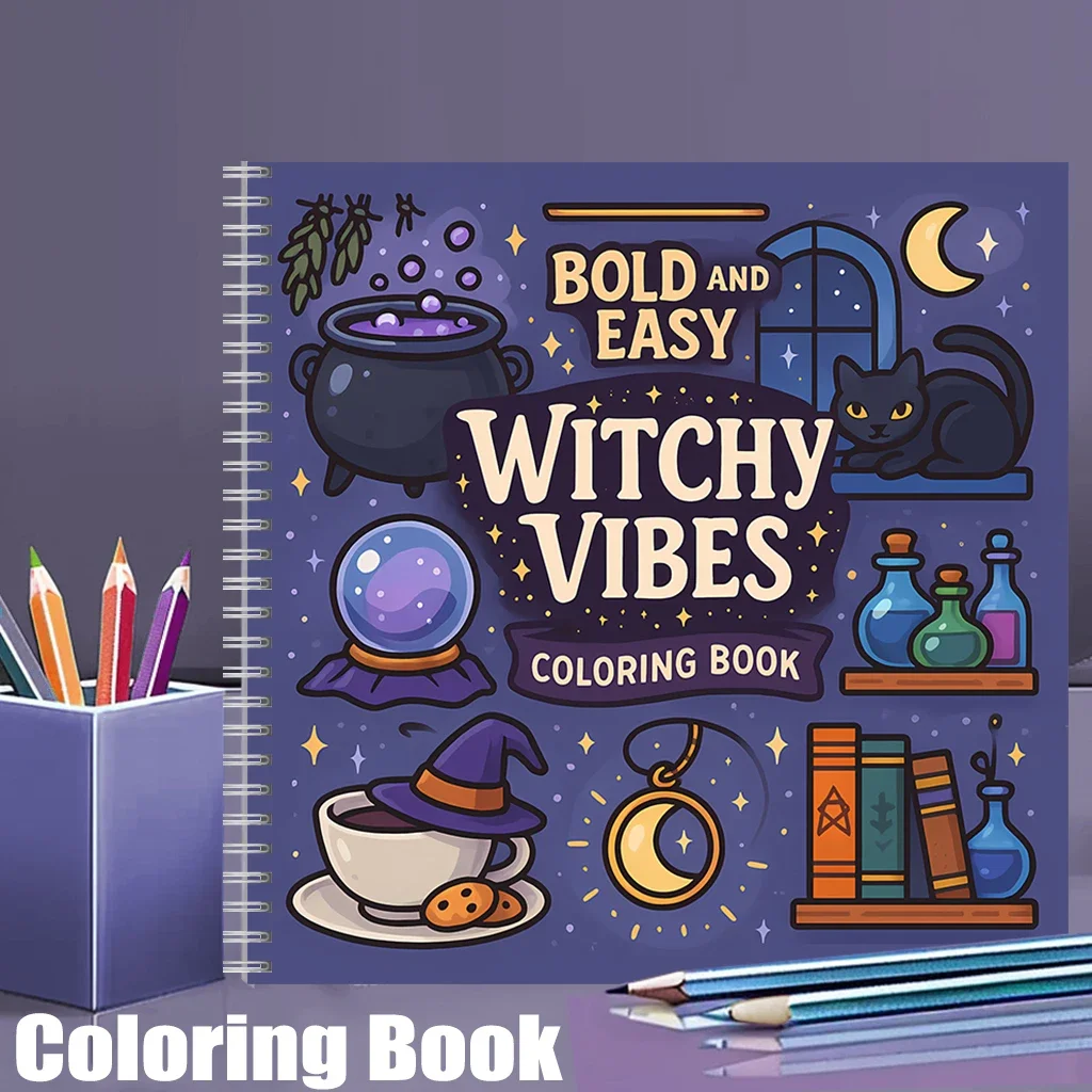 

Книга-раскраска Easy Witchy Vibes для взрослых, подарок на день рождения, принадлежности для школы, милая книга для рисования для взрослых