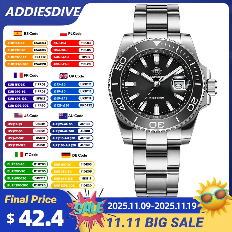 

ADDIESDIVE 41mm Diver Watch Ceramic Bezel Japan 2115 Movement Quartz Watches Stainless BGW9 Luminous Waterproof 200m Men's Watch