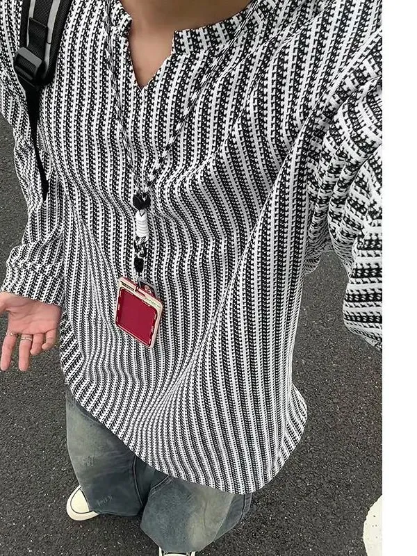 Men's V-neck Long Sleeve T-shirt Fishbone Pattern Loose Fit Color Block Base Shirt American Style Casual Loose Top