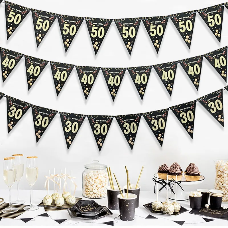 Golden Birthday Door Curtain Backdrop 30 40 50 Happy Birthday Tablecloth Table Runner Balloon Birthday Party Decoration For Home