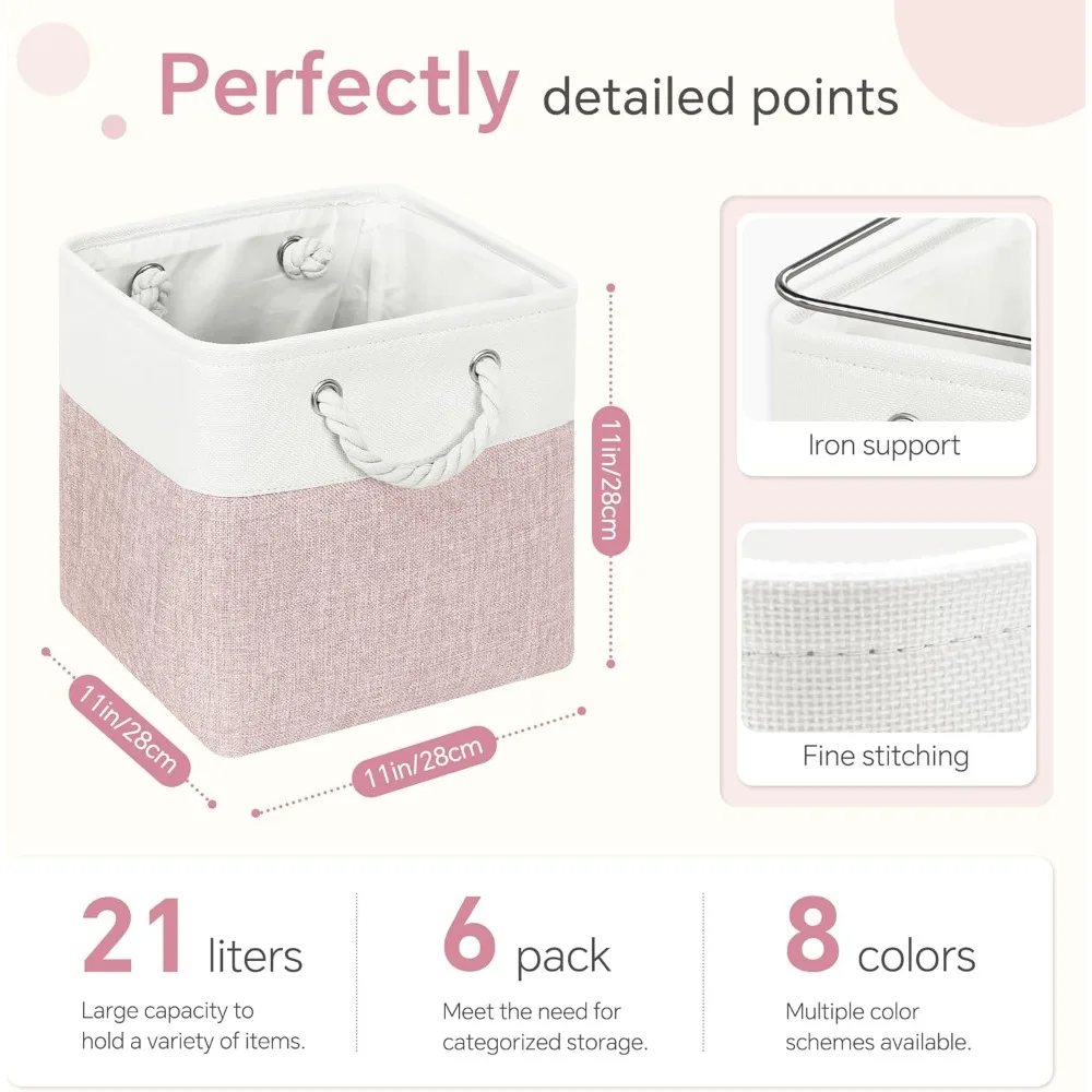 مجموعة من 6 مكعبات تخزين مقاس 11 × 11 بوصة مع مقابض قطنية لتنظيم الملابس والألعاب والمزيد باللون الأبيض والوردي