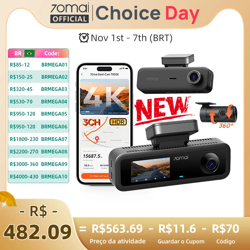 70mai 4k t800e 3 canais traço cam frente traseira interior controle de voz suporte 24 horas estacionamento supercapacitor gps t800e 4k carro dvr