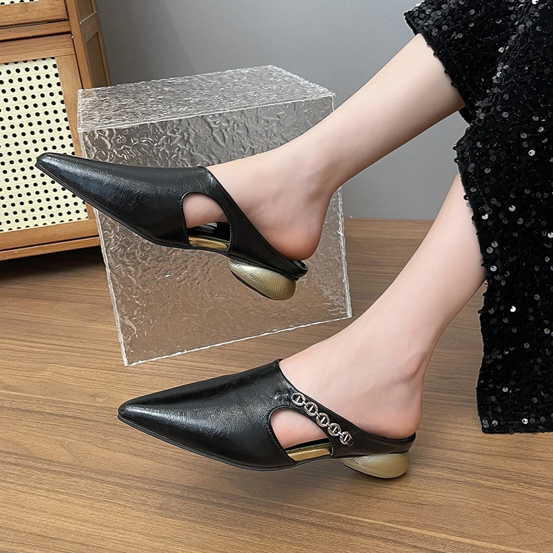 Luxury Retro Pointed Low-heeled Slippers Spring and Autumn New Fashion Metal Chain Decorative Hollow Female Baotou Slippers