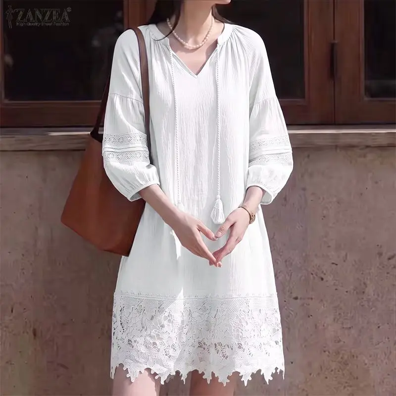 Fashion ZANZEA Women Dress Summer 3/4 Sleeve V Neck Lace Patchwork Lace-up Vestidos OL Work Party Sundress Streetwear Oversize