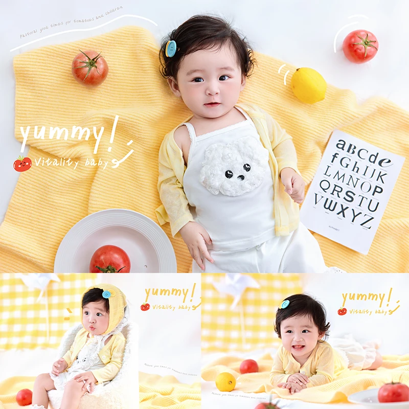 

Cute Yellow Baby Cardigan +White Bear-Print Tank Top +Headscarf +Cute Hair Clip, One-Year-Old Baby Birthday Photography Outfits