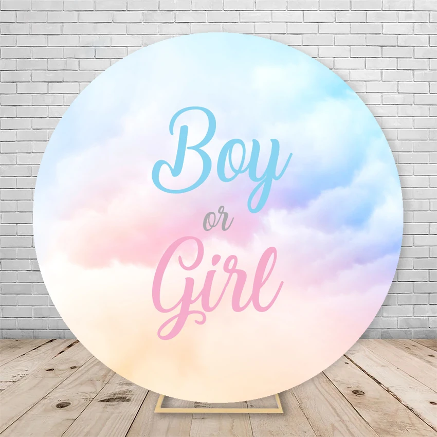 Gender Reveal Backdrop Round Cover Watercolor Cloud Bear Party Decor He or She Oh Baby Shower Photography Background Elasticity