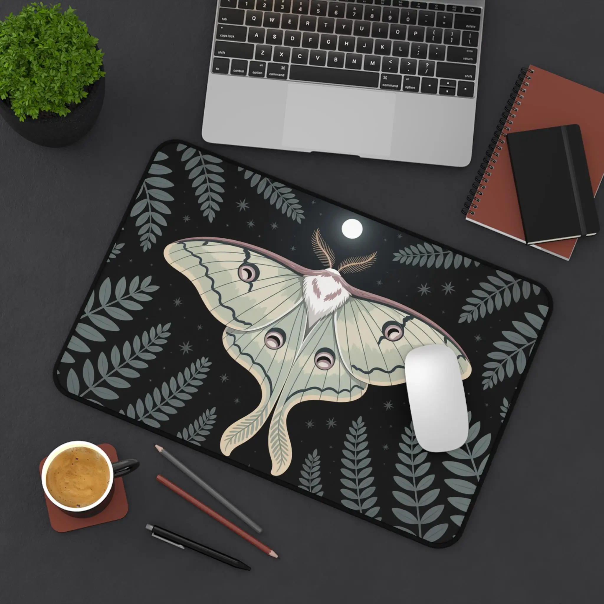 Moon Moth and Moon Desktop Mats, Celestial Fern, Witch Plant Mouse Pads, Laptop Mat, Non-Slip Home Office Mat, Student Gift