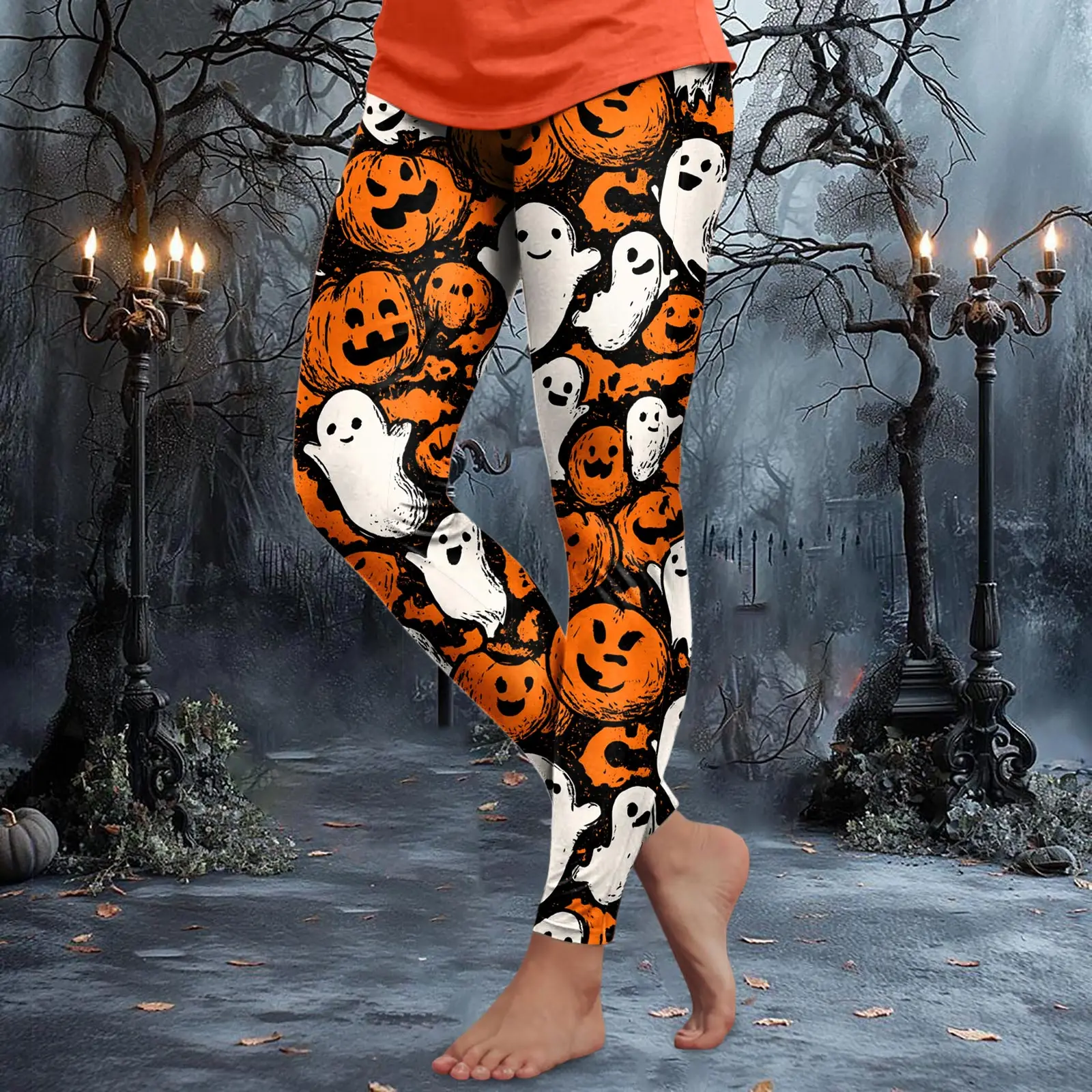 Leggings elásticos de Halloween para mujer, pantalones de Yoga para deportes al aire libre, cómodos y elegantes, pantalones creativos con estampado de fantasma de calabaza en 3D