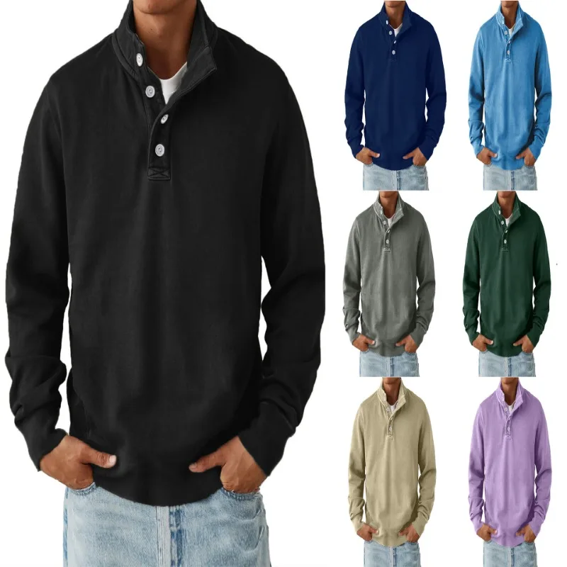 

Men's Long Sleeve Stand Collar Henley Shirts Casual Button Neck Solid Color Pullover Sweatshirt