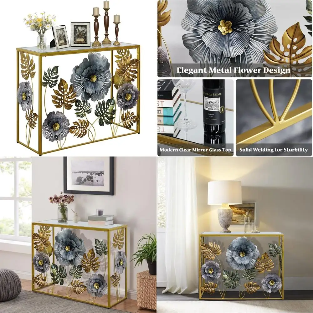 Rustic Style Sofa Side Table with Metal Floral Accents, Slim Glass-Top Entry Console for Behind Sofa