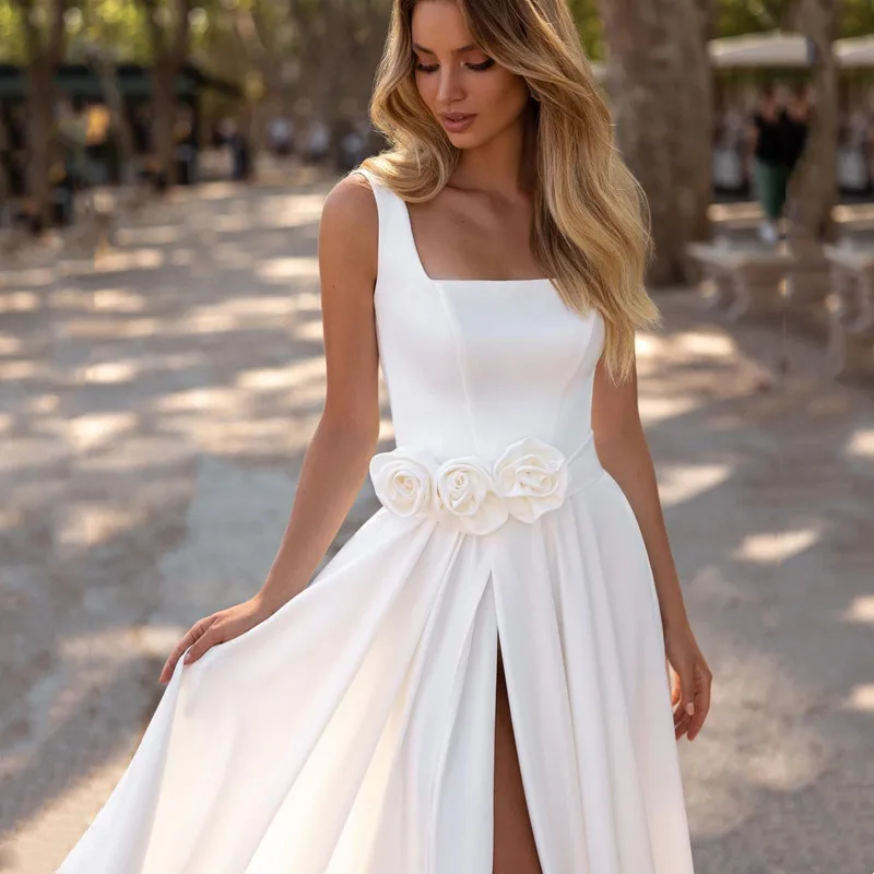 Robe de Mariée Trapèze Blanche Moderne en Satin, Bretelles Spaghetti, Fleur 3D, Col Carré, Sexy, Fente Haute, Dos auxavec Fermeture Éclair, Personnalisée