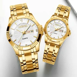 Chenxi 050a luxo casal moda relógio de quartzo dourado para homens mulheres à prova dwaterproof água aço inoxidável data semana relógios de pulso analógicos