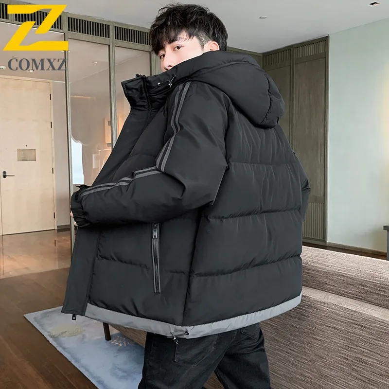 

COMXZ Men Padded Jacket Big Size Hooded Windproof Solid Color Skiing Camping Bread Jacket 2025 Outdoor High Quality Parker Coat