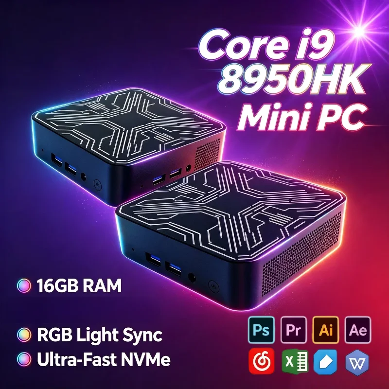 2026 인텔 코어 i9 8950HK 미니 PC 16GB DDR4 512GB NVMe SSD 트리플 4K WiFi6 무소음 냉각 사무실 및 가정용 데스크탑 프로 맥스